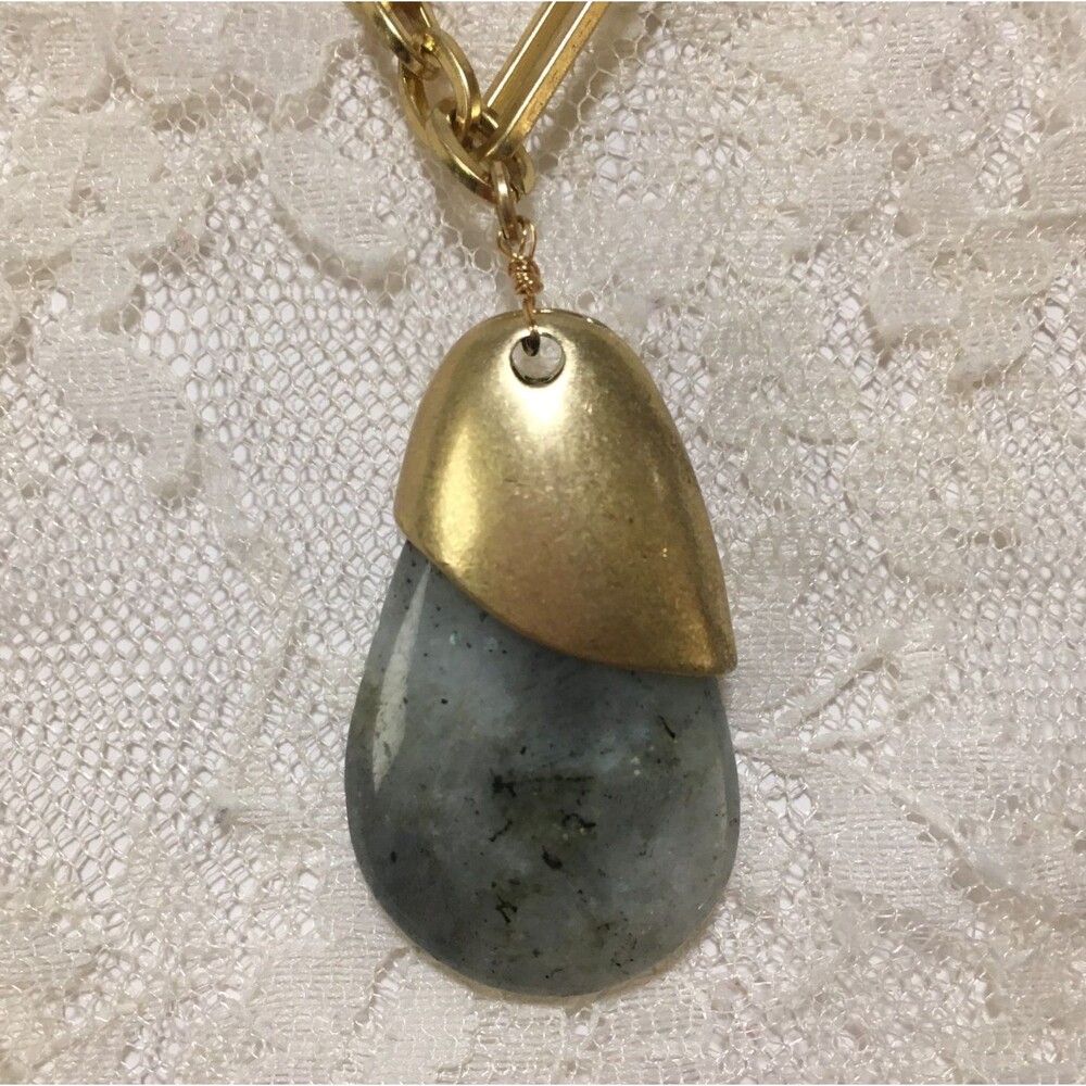 Laborite Stone Pendant Necklace Long gold tone Chain - Picture 3 of 4
